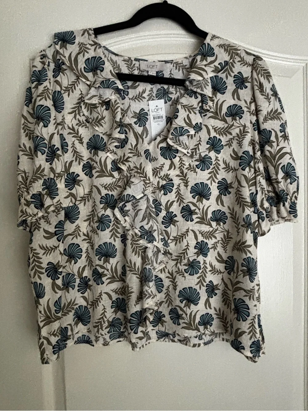 LOFT Cream Blouse with Teal Floral Ruffle Front